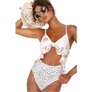 P2F Carly Blush Floral and Leopard Print Cutout One-Piece Swimsuit Small…
